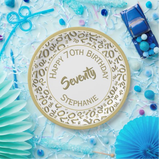 Happy Birthday 70. Gold/White Number Pattern Pappteller (Party)