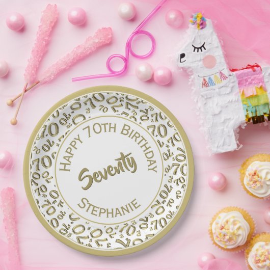 Happy Birthday 70. Gold/White Number Pattern Pappteller (Party)