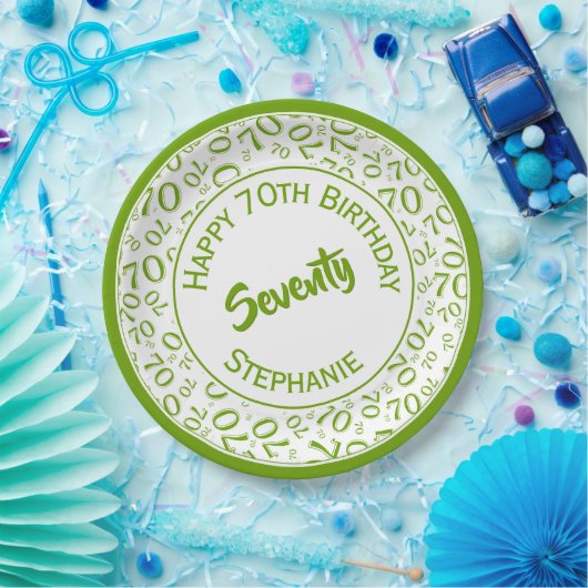 Happy Birthday 70. Green/White Number Pattern Pappteller (Party)