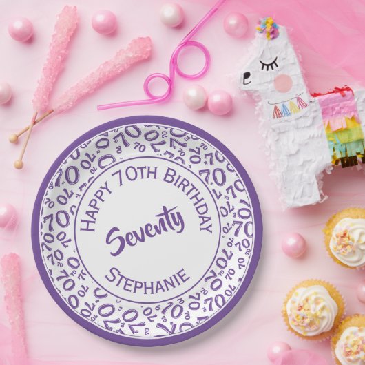 Happy Birthday 70. Lila/White Number Pattern Pappteller (Party)