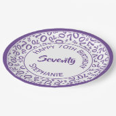 Happy Birthday 70. Lila/White Number Pattern Pappteller (Schrägansicht)