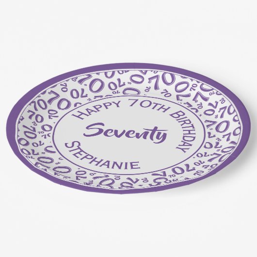 Happy Birthday 70. Lila/White Number Pattern Pappteller (Schrägansicht)