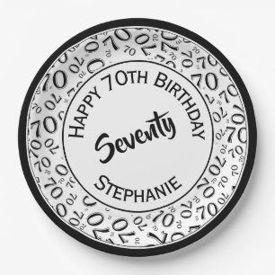 Happy Birthday 70. Schwarz/Weiß Zahlenmuster Pappteller