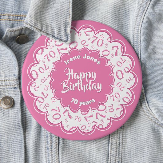 Happy Birthday, 70th Pink/White Number Pattern Button (Beispiel)