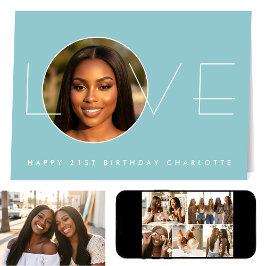 Happy Birthday 7 Photo Collage Love Elegant Blue Karte