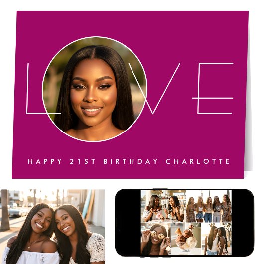 Happy Birthday 7 Photo Love Elegant Dark Pink Karte