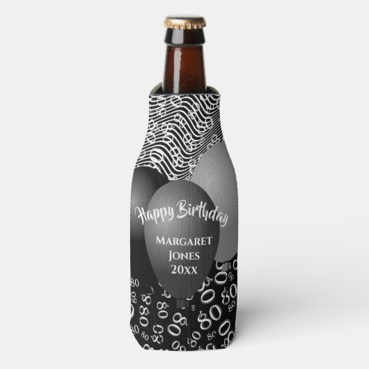 Happy Birthday 80. Number Pattern Schwarz und Weiß Flaschenkühler (Flaschenvorderseite)