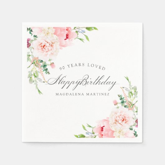 Happy Birthday 90. Pink Floral Custom Cocktail Serviette (Vorderseite)