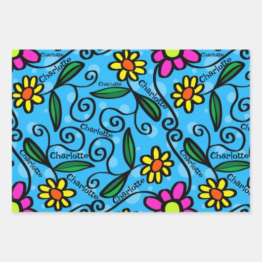 Happy Birthday Add Name Pink & Gelbe Blumen 3 Geschenkpapier Set (Vorderseite 3)