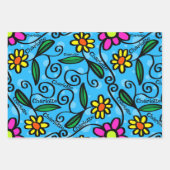 Happy Birthday Add Name Pink & Gelbe Blumen 3 Geschenkpapier Set (Vorderseite)