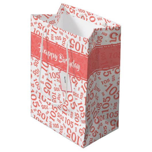 Happy Birthday Age 105 Number Pattern Coral/White Mittlere Geschenktüte (Vorderseite Schrägansicht)