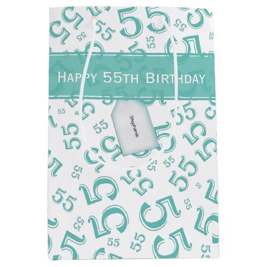 Happy Birthday Age 55 Number Pattern Aquamarin/wei Mittlere Geschenktüte (Vorderseite)