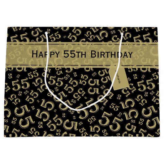 Happy Birthday Age 55 Number Pattern Black/Gold Große Geschenktüte (Vorderseite)