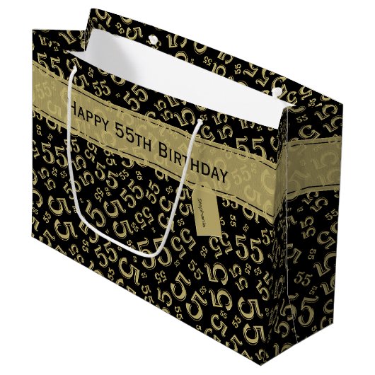 Happy Birthday Age 55 Number Pattern Black/Gold Große Geschenktüte (Vorderseite Schrägansicht)