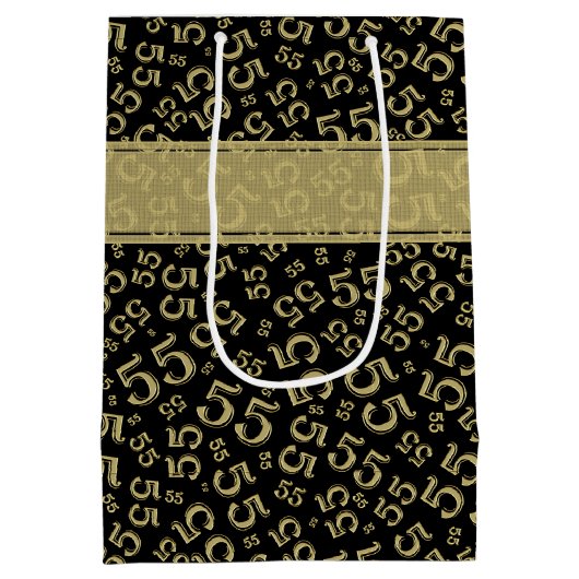 Happy Birthday Age 55 Number Pattern Black/Gold Mittlere Geschenktüte (Rückseite)