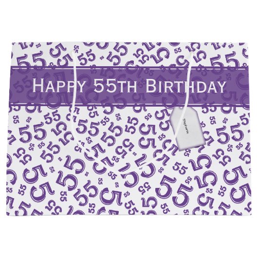 Happy Birthday Age 55 Number Pattern Lila/weiß Große Geschenktüte (Vorderseite)