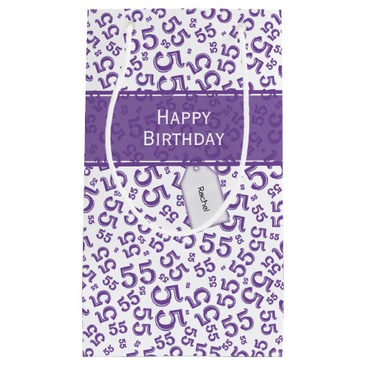 Happy Birthday Age 55 Number Pattern Lila/weiß Kleine Geschenktüte (Vorderseite)