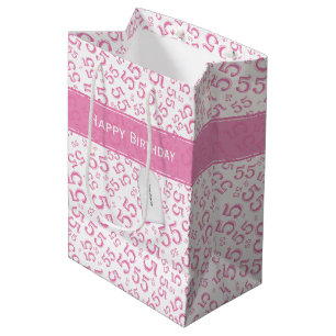 Happy Birthday Age 55 Number Pattern Pink/White Mittlere Geschenktüte