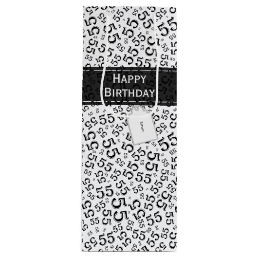 Happy Birthday Age 55 Number Pattern Schwarz/Weiß Geschenktüte Für Weinflaschen (Vorderseite)