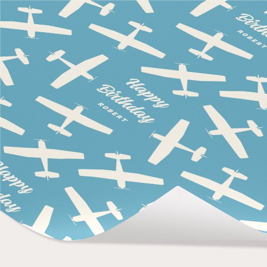 Happy Birthday Aircraft Retro Muster Name Blau Geschenkpapier