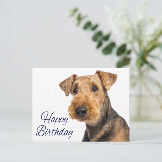 Happy Birthday Airedale Terrier Puppy Dog Blue Postkarte (Stehend Vorderseite)