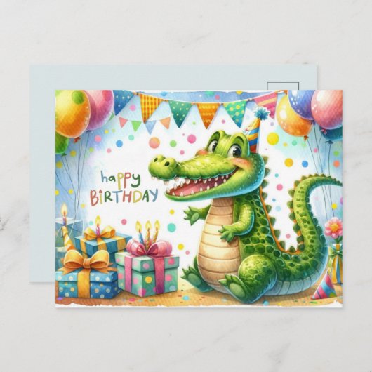 Happy Birthday Alligator Party Card Postkarte (Vorne/Hinten)