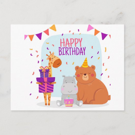 Happy Birthday Animal Illustriert Ankündigungspostkarte (Vorderseite)