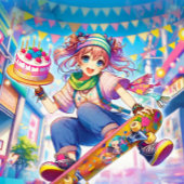 Happy Birthday Anime Girl auf Skateboard Karte