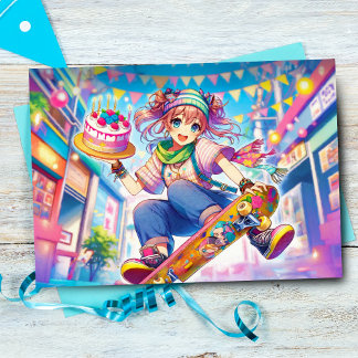 Happy Birthday Anime Girl auf Skateboard Karte
