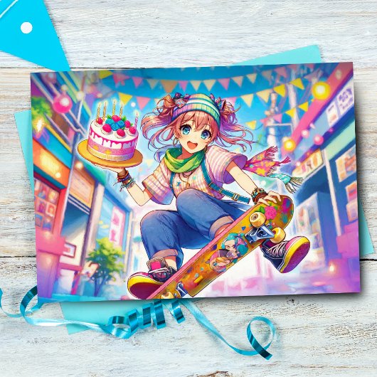 Happy Birthday Anime Girl auf Skateboard Karte