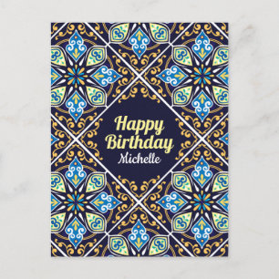 Happy Birthday anpassbare blaue Azulejos Postkarte