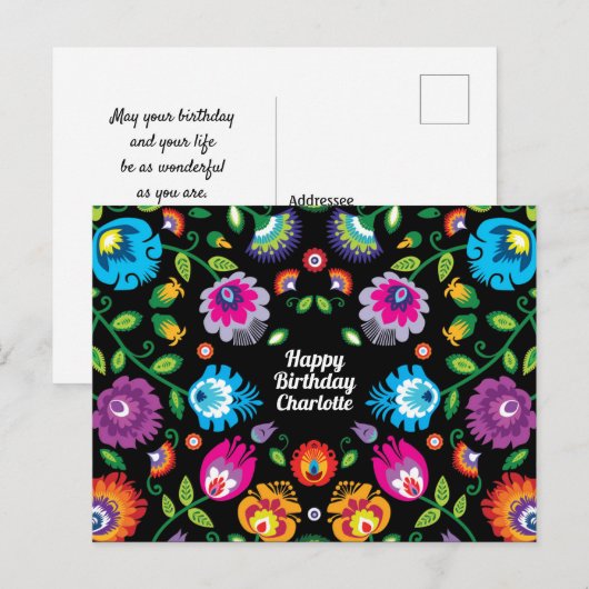 🎁 Happy Birthday anpassbare Folklore Postkarte (Vorne/Hinten)