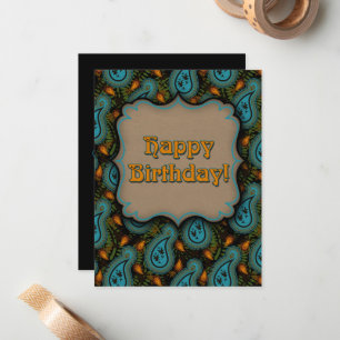 Happy Birthday Aqua Black Gold Paisley Mitteilungskarte