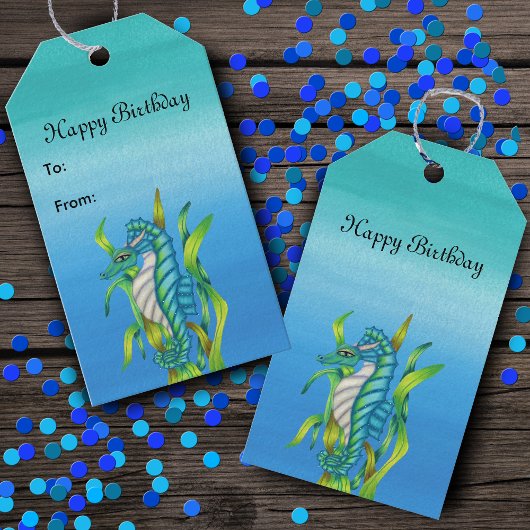 Happy Birthday Aqua Blue Sea Dragon Creature Geschenkanhänger