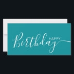 Happy Birthday Aquamarin White Modern Flat Card<br><div class="desc">Diese moderne und elegante Flachbild-Karte mit weißem Happy Birthday-Text auf der Vorderseite und auf der Rückseite personalisieren Sie ihn mit Ihrem Namen oder Familiennamen. Der Hintergrund ist aquamarin.</div>