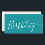 Happy Birthday Aquamarin White Modern Flat Card<br><div class="desc">Diese moderne und elegante Flachbild-Karte mit weißem Happy Birthday-Text auf der Vorderseite und auf der Rückseite personalisieren Sie ihn mit Ihrem Namen oder Familiennamen. Der Hintergrund ist aquamarin.</div>