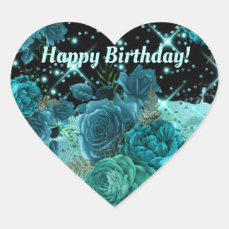 Happy Birthday | Aquamarine Rose mit Glitzer Aqua Herz-Aufkleber