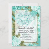 Happy BIrthday - Aquamarines Blumendesign Einladung (Vorderseite)