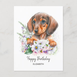 Happy Birthday   Aquarell-Dackel und Florals Postkarte