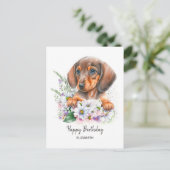 Happy Birthday | Aquarell-Dackel und Florals Postkarte (Stehend Vorderseite)