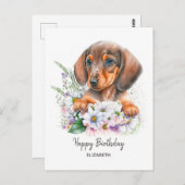Happy Birthday | Aquarell-Dackel und Florals Postkarte (Vorne/Hinten)