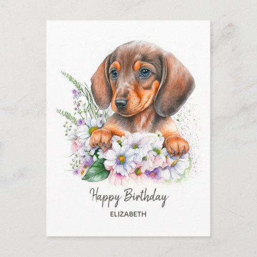 Happy Birthday | Aquarell-Dackel und Florals Postkarte (Vorderseite)