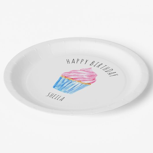 Happy Birthday Aquarellkuchen niedlich rosa Vereis Pappteller (Schrägansicht)