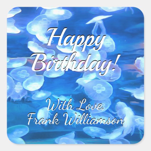 Happy Birthday Aquarium Jellyfish 0925 Quadratischer Aufkleber (Vorderseite)