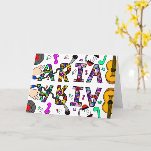 Happy Birthday Aria, Mädchenname whimsical Karte (Gelbe Blume)