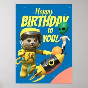 Happy Birthday Astronaut and Alien Fun Poster