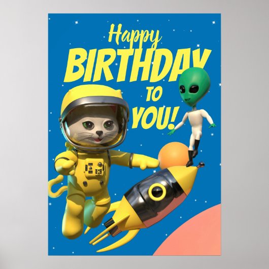 Happy Birthday Astronaut und Alien Fun Poster (Vorne)