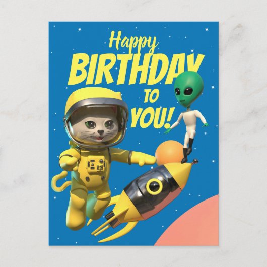 Happy Birthday Astronaut und Alien Fun Postkarte (Vorderseite)