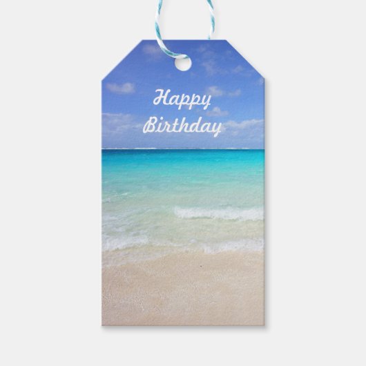 Happy Birthday Azure Blue Caribbean Tropical Beach Geschenkanhänger (Vorderseite)