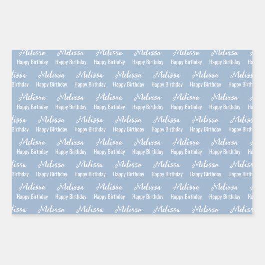 Happy Birthday Baby Blue and White Name Muster Geschenkpapier Set (Vorderseite)